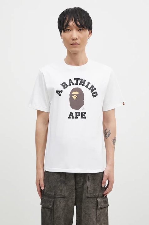 A Bathing Ape tricou din bumbac COLLEGE TEE barbati, culoarea alb, cu imprimeu, 1K80110001