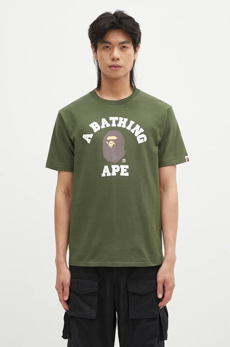Bavlnené tričko A Bathing Ape COLLEGE TEE pánske, zelená farba, s potlačou, 1K80110001