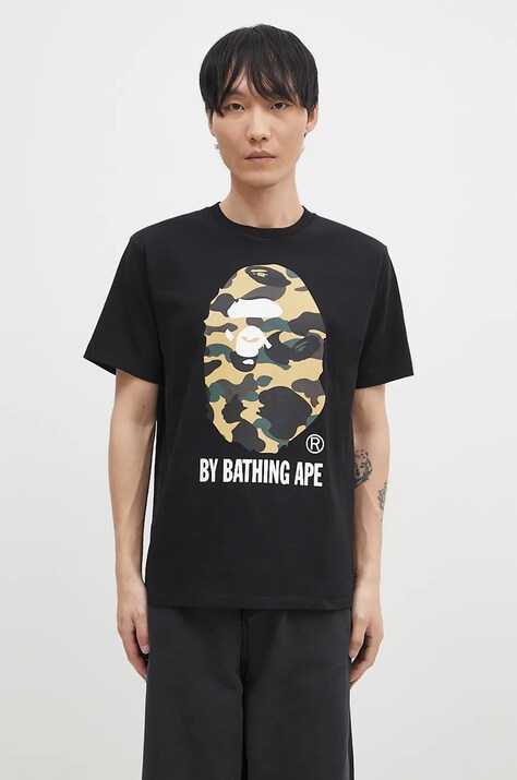 Bavlnené tričko A Bathing Ape 1ST CAMO BY BATHING APE TEE pánske, čierna farba, s potlačou, 1K80110012