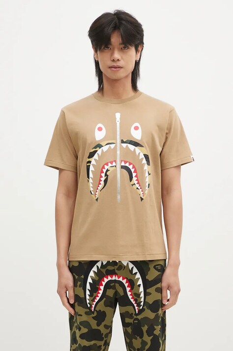 Хлопковая футболка A Bathing Ape 1ST CAMO SHARK TEE мужская цвет бежевый с принтом 1K80110013