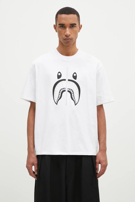 Памучна тениска A Bathing Ape Shark Tee #1 в бяло с принт 1K70110311