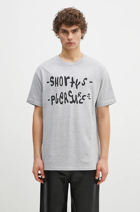 PLEASURES cotton t-shirt F Me men’s gray color with a print P24F021