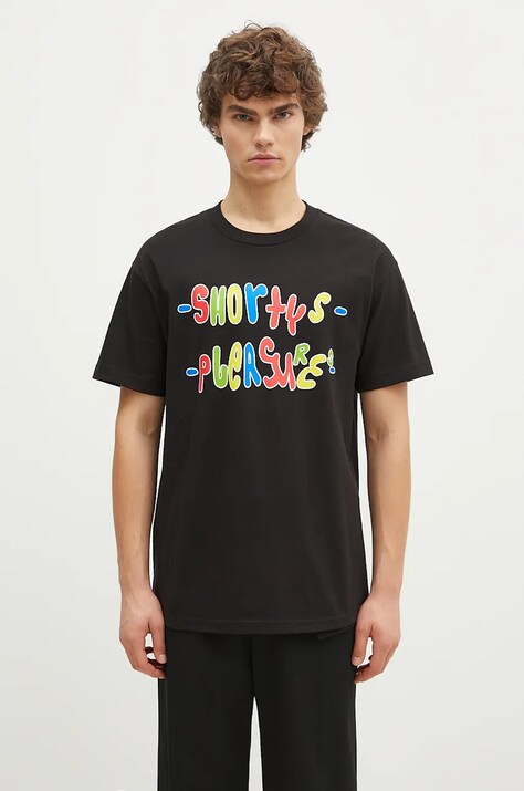 PLEASURES cotton t-shirt F Me men’s black color with a print P24F021