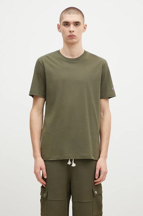 Champion tricou din bumbac Crewneck bărbați, culoarea verde, uni, 220713