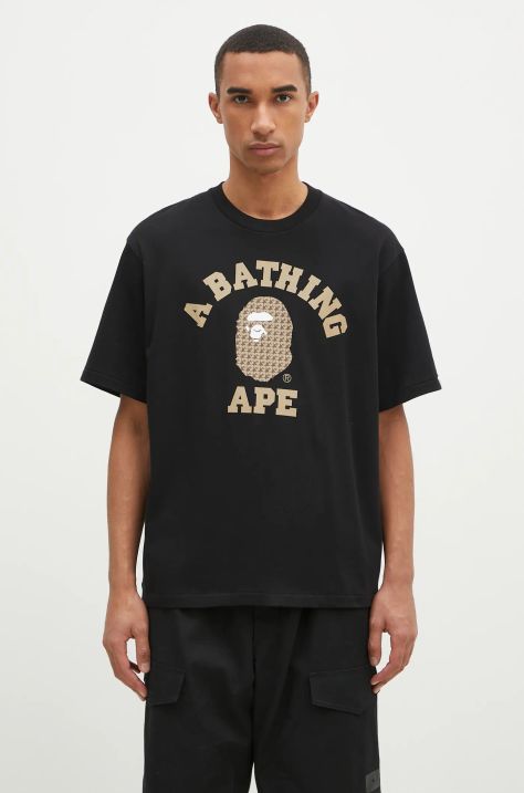 Bavlnené tričko A Bathing Ape Sta Houndstooth College pánske, čierna farba, s potlačou, 1K80110338