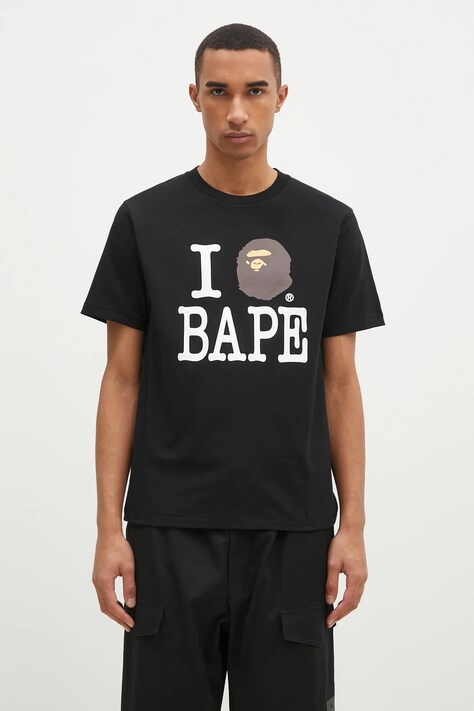 Bavlněné tričko A Bathing Ape I Love Bape černá barva, s potiskem, 1K80110043
