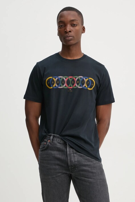 PS Paul Smith tricou din bumbac bărbați, culoarea bleumarin, cu imprimeu, M2R.011R.PP5264