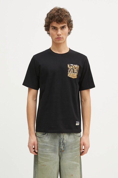 Хлопковая футболка Evisu Brocade Pocket & Seagull Emb мужская цвет чёрный с аппликацией 2EAHTM4TS7067