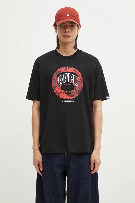 AAPE cotton t-shirt Theme men’s black color with a print AAPTEM1423XXM