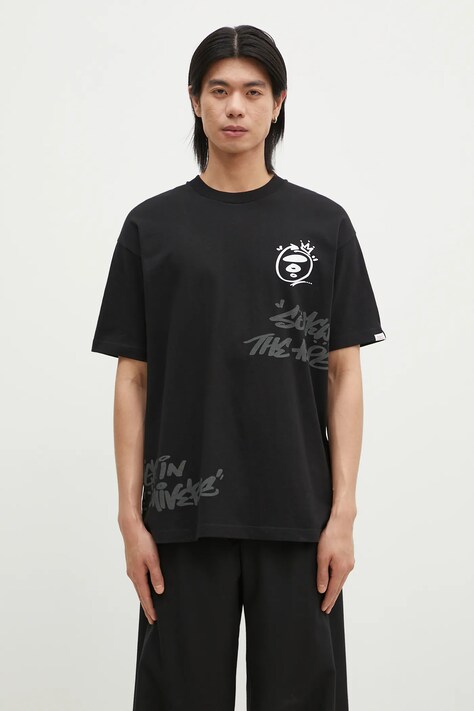 AAPE cotton t-shirt Theme men’s black color with a print AAPTEM1425XXM