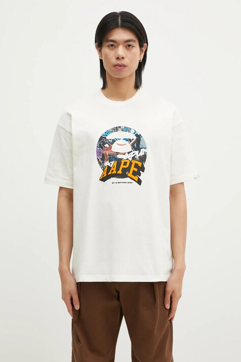 AAPE tricou din bumbac Theme Main bărbați, culoarea bej, cu imprimeu, AAPTEM1551XXN