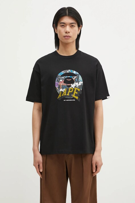 AAPE cotton t-shirt Theme Main men’s black color with a print AAPTEM1551XXN