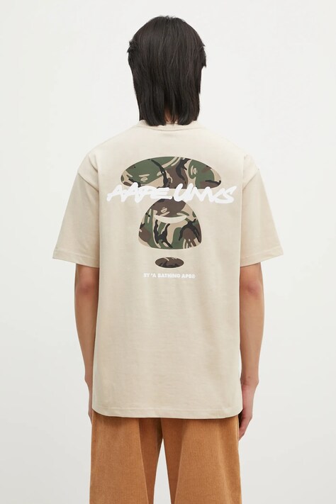 AAPE tricou din bumbac Moon Face Logo barbati, culoarea bej, cu imprimeu, AAPTEM1564XXN