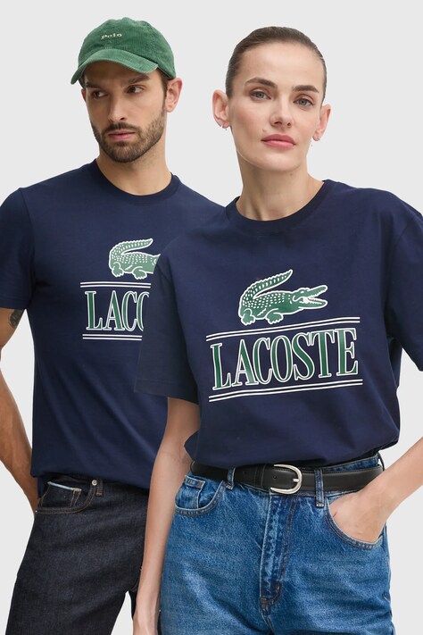 Lacoste tricou din bumbac culoarea bleumarin, cu imprimeu, TH1218