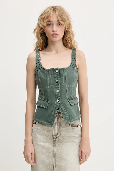 Stine Goya top jeansowy damska kolor zielony z aplikacją SG-PF25-T083-2393