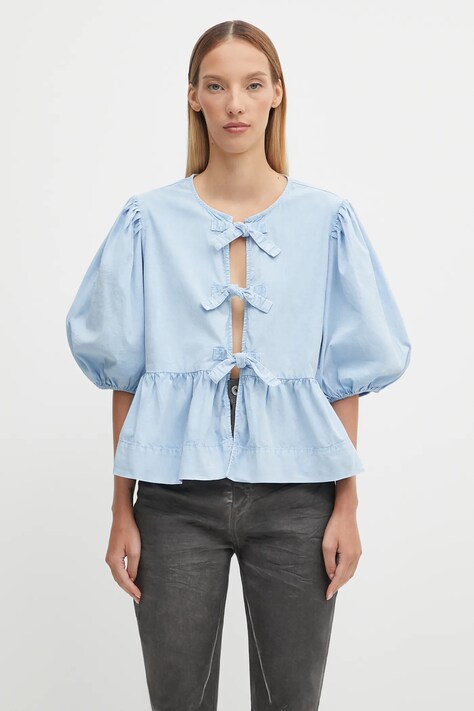 GANNI koszula Washed Stretch Cotton Peplum Blouse damskie kolor niebieski regular z wiązanym dekoltem W0970