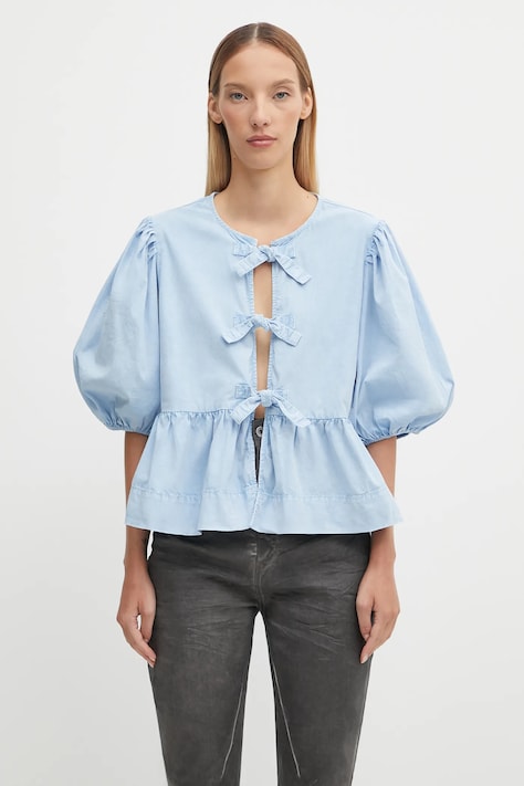 Рубашка GANNI Washed Stretch Cotton Peplum Blouse regular декольте c завязкой W0970