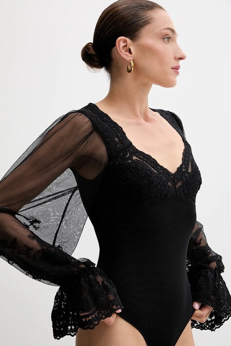 Bardot bluză culoarea negru, cu imprimeu, 60075TB