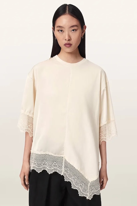 AllSaints bluzka damska bawełniana LENNY beżowa z koronkowymi wstawkami W087JD