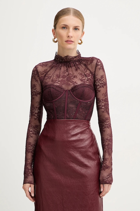 Retrofete body Valentina damskie kolor bordowy z aplikacją FW24-10322