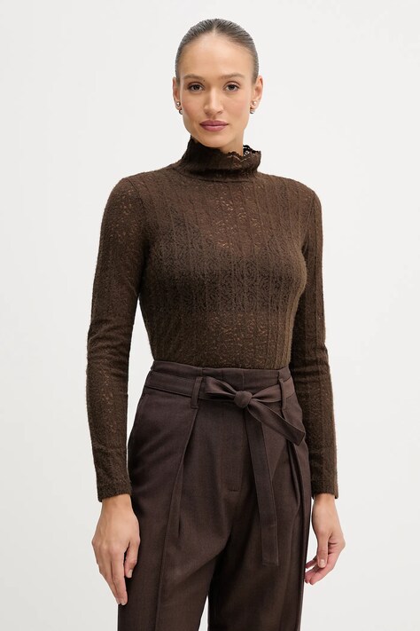 United Colors of Benetton sweter damski kolor brązowy lekki z półgolfem 5W77DQ0AT