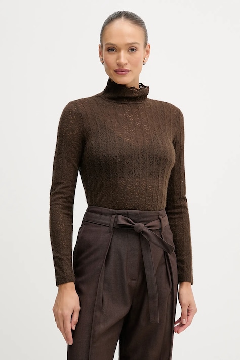 Svetr United Colors of Benetton dámský, hnědá barva, s pologolfem, 5W77DQ0AT