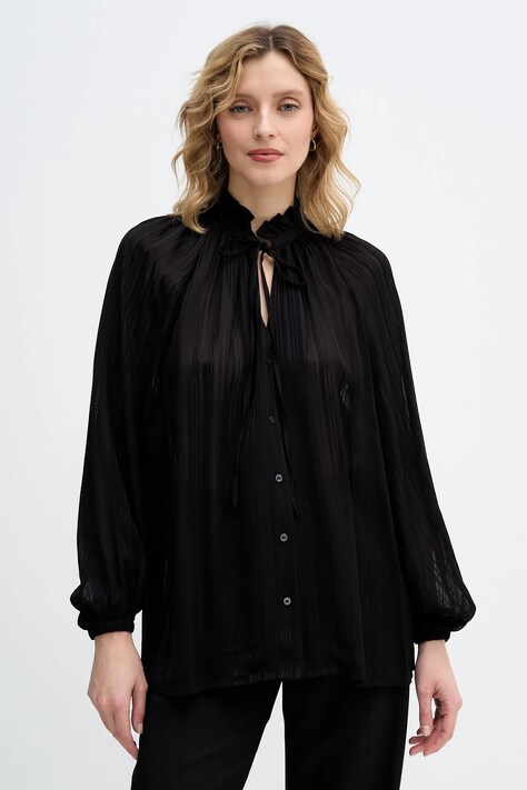 Sisley koszula damska kolor czarny relaxed z wiązanym dekoltem 5FGXLQ0A5