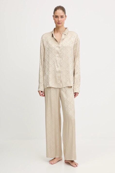 Pyžamo Calvin Klein Underwear dámské, béžová barva, saténové, LV00QS7574