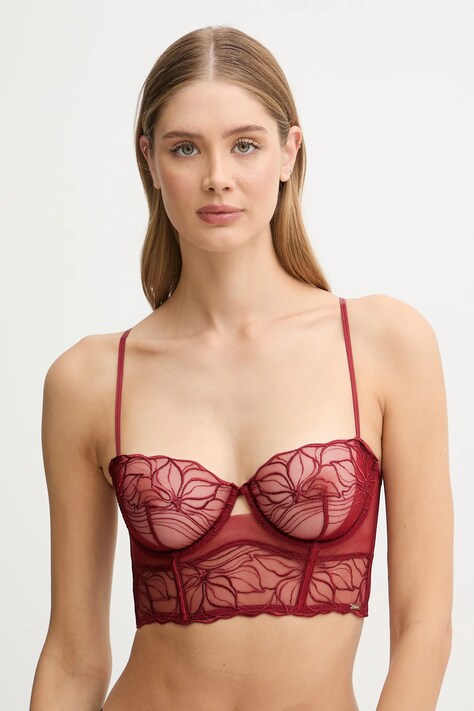 Calvin Klein Underwear biustonosz kolor bordowy koronkowy gładki LV00QF8351