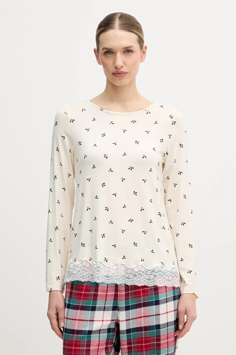 United Colors of Benetton longsleeve piżamowy damska kolor beżowy 32V93M07V