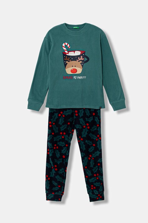 United Colors of Benetton piżama dziecięca kolor zielony wzorzysta 3I470P09H