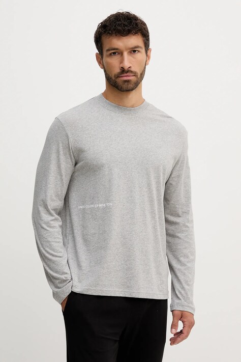 United Colors of Benetton camasa cu maneca lunga din bumbac culoarea gri, cu imprimeu, 30964M021
