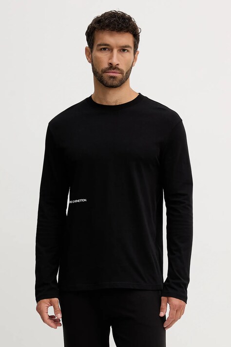 United Colors of Benetton camasa cu maneca lunga din bumbac culoarea negru, cu imprimeu, 30964M021