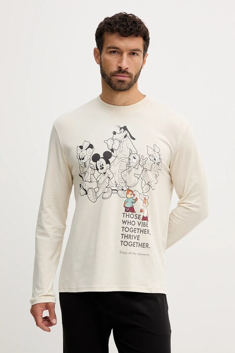 United Colors of Benetton camasa cu maneca lunga din bumbac culoarea bej, cu imprimeu, 3VR54M025