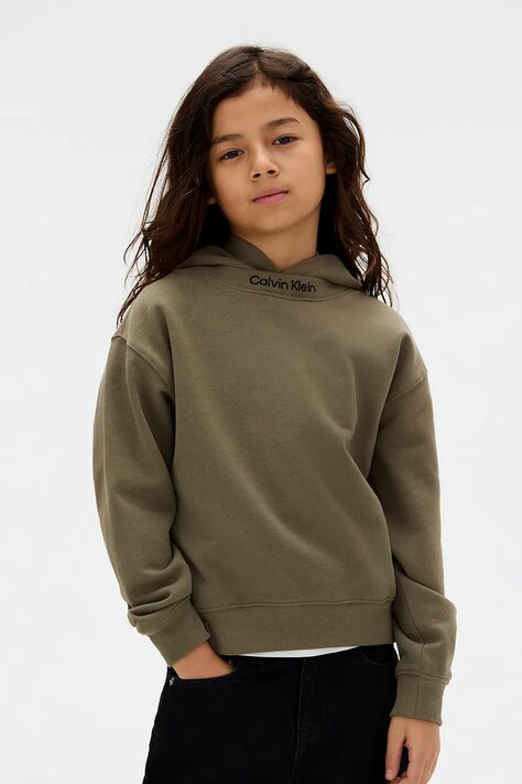 Calvin Klein Jeans bluza bawełniana dziecięca kolor zielony z kapturem gładka IB0IB02525