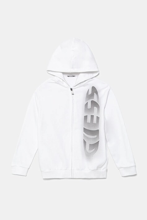 Guess hanorac de bumbac pentru copii culoarea alb, cu glugă, cu imprimeu, L5YQ01 KAD74
