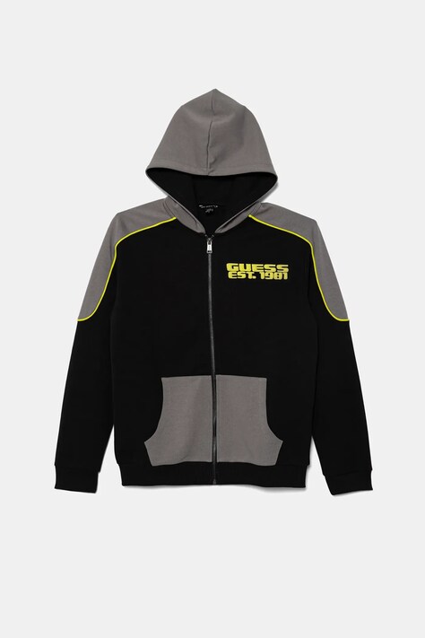 Guess bluza dziecięca kolor czarny z kapturem wzorzysta L5YQ02 KCCH0