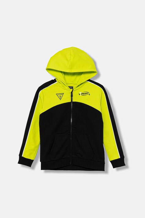 Guess bluza bawełniana dziecięca kolor czarny z kapturem wzorzysta N5YQ02 KA6R4