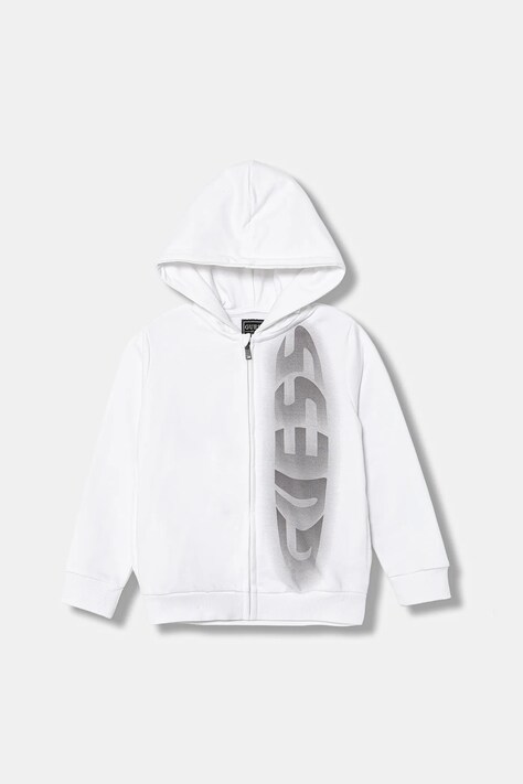Guess hanorac de bumbac pentru copii culoarea alb, cu glugă, cu imprimeu, N5YQ08 KAD74