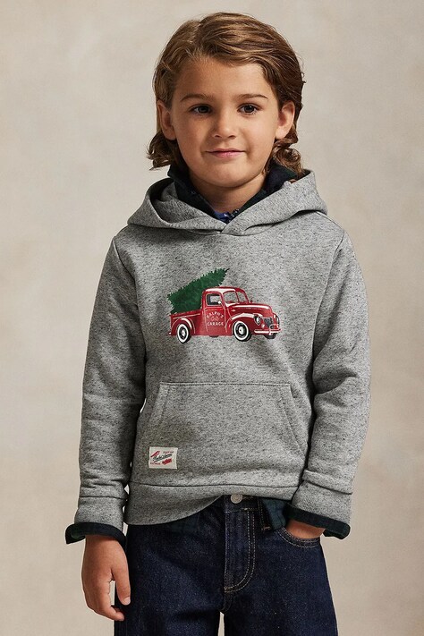 Παιδική μπλούζα από βαμβάκι Polo Ralph Lauren χρώμα: γκρι, με κουκούλα, 322981325001