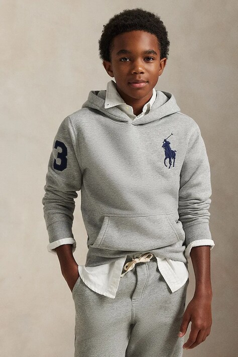 Otroški pulover Polo Ralph Lauren siva barva, s kapuco, 323979316001