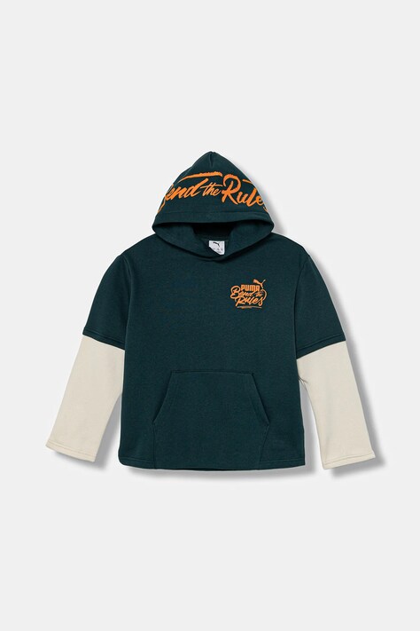 Puma bluză copii MID90s Layered Hoodie FL B culoarea verde, cu glugă, cu imprimeu, 688473