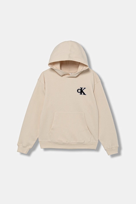 Дитяча кофта Calvin Klein Jeans колір бежевий з капюшоном однотонна IB0IB02561