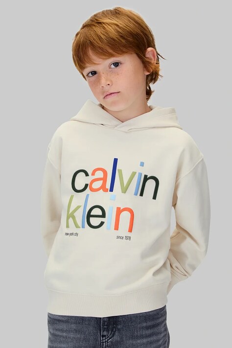 Calvin Klein Jeans bluza dziecięca kolor beżowy z kapturem z nadrukiem IB0IB02563