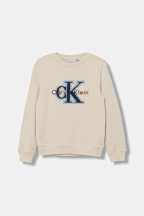 Dětská mikina Calvin Klein Jeans béžová barva, s kapucí, IB0IB02585