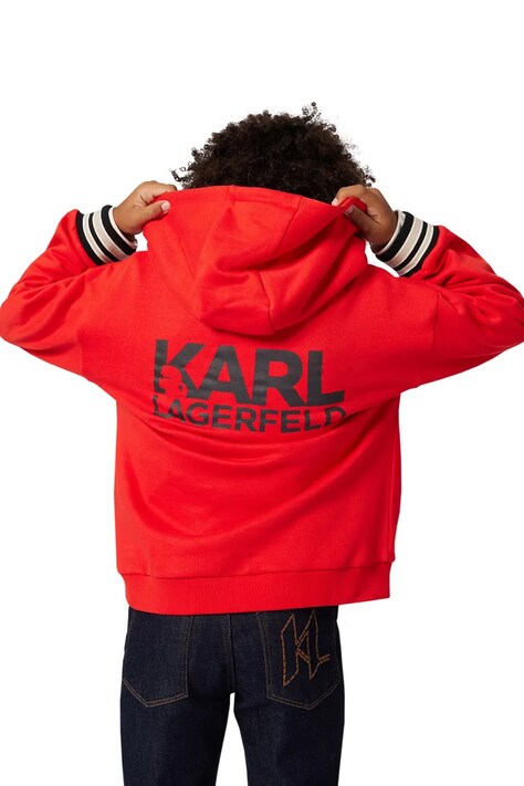 Karl Lagerfeld bluza bawełniana dziecięca kolor czerwony z kapturem z nadrukiem Z30643