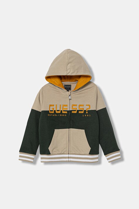 Guess bluza bawełniana dziecięca kolor beżowy z kapturem wzorzysta N5BQ00 KAX74