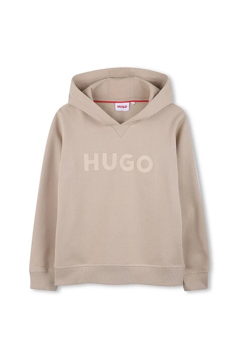 HUGO bluză copii culoarea bej, cu glugă, cu imprimeu, G00446