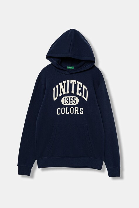 United Colors of Benetton hanorac de bumbac pentru copii culoarea bleumarin, cu glugă, cu imprimeu, 3J68C203N
