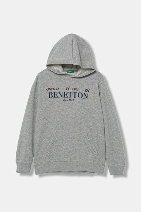 United Colors of Benetton hanorac de bumbac pentru copii culoarea gri, cu glugă, cu imprimeu, 3J68C204V